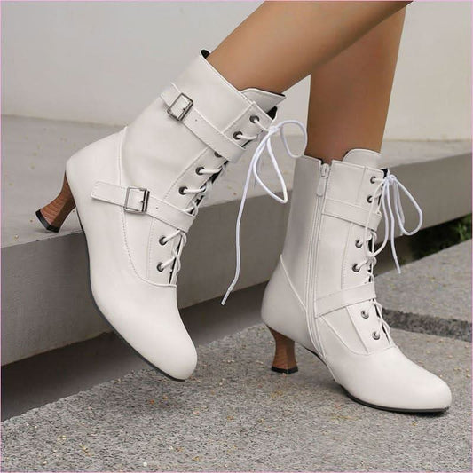 Ladies Mid Heel Lace-up Multi Buckle Ankle Boots - Pleasures and Sins