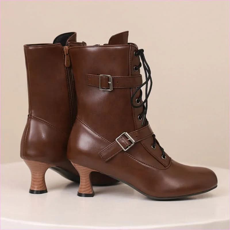 Ladies Mid Heel Lace-up Multi Buckle Ankle Boots - Pleasures and Sins