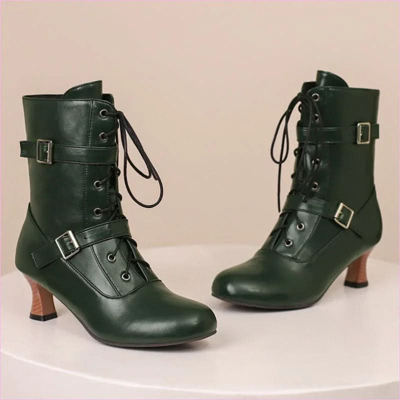 Ladies Mid Heel Lace-up Multi Buckle Ankle Boots - Pleasures and Sins