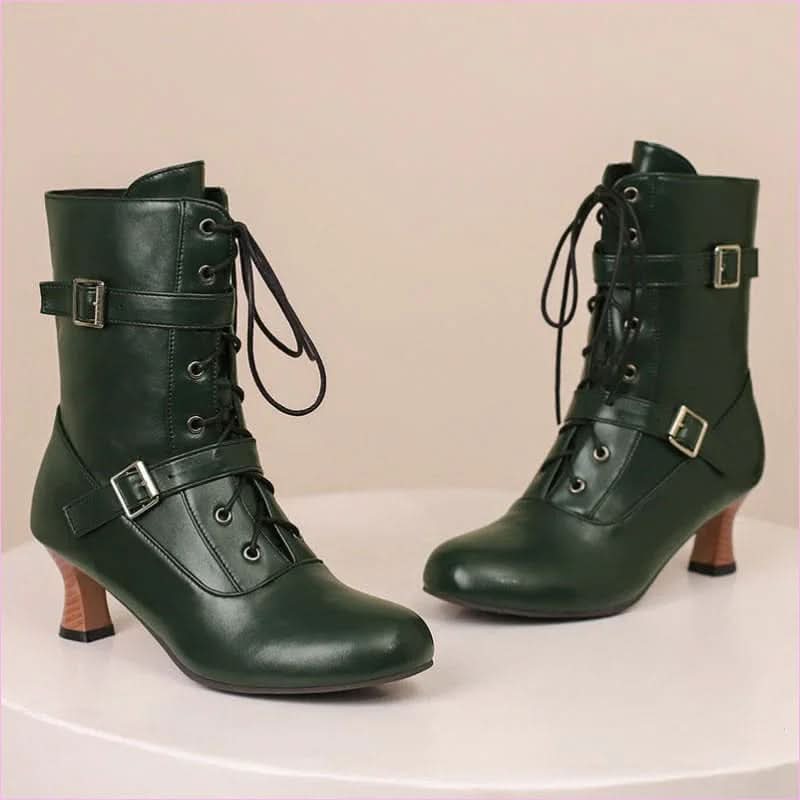 Ladies Mid Heel Lace-up Multi Buckle Ankle Boots - Pleasures and Sins