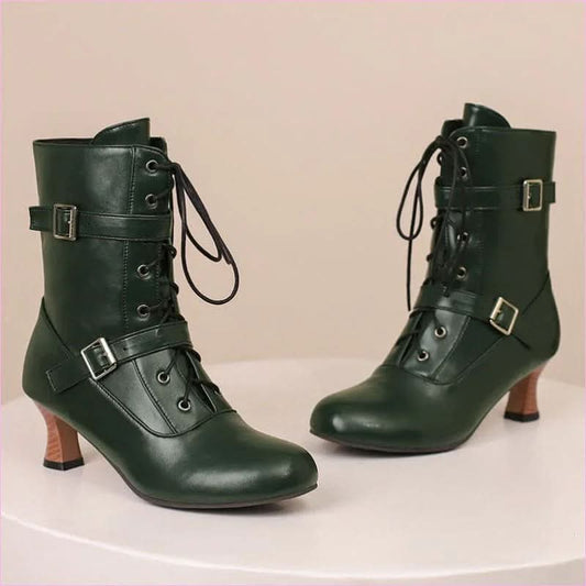 Ladies Mid Heel Lace-up Multi Buckle Ankle Boots - Pleasures and Sins