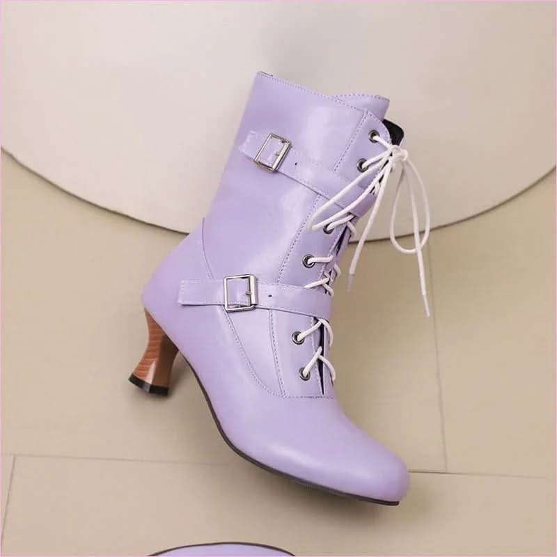 Ladies Mid Heel Lace-up Multi Buckle Ankle Boots - Pleasures and Sins