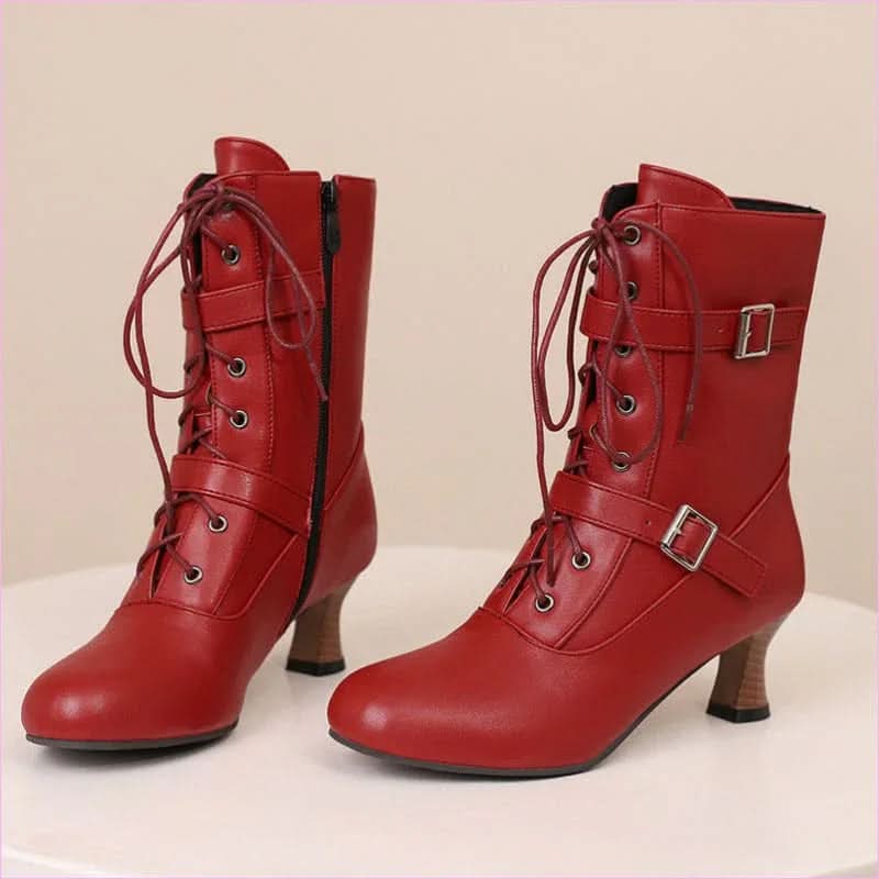 Ladies Mid Heel Lace-up Multi Buckle Ankle Boots - Pleasures and Sins