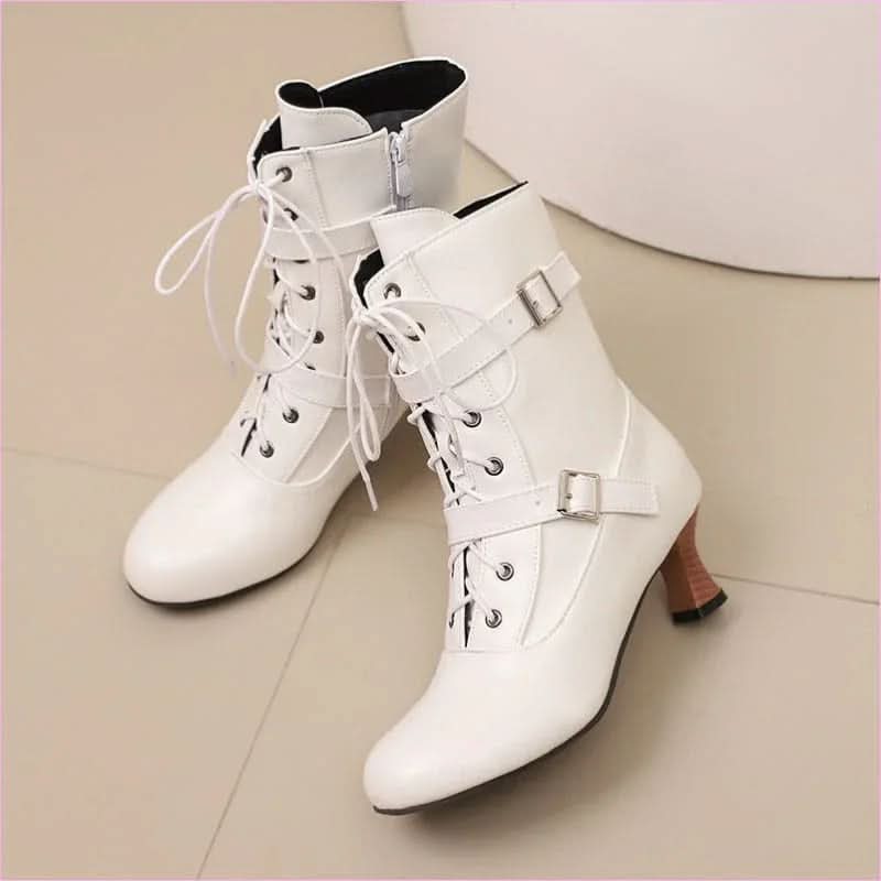 Ladies Mid Heel Lace-up Multi Buckle Ankle Boots - Pleasures and Sins