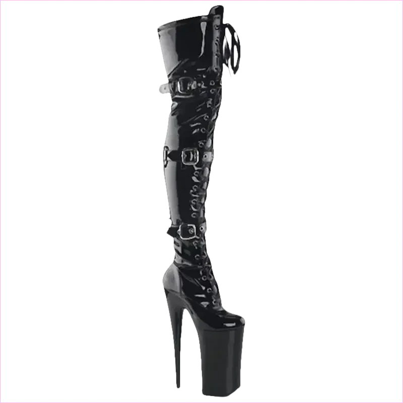 Ladies Multi Buckle Patent Boots with High 20cm Platform Heel - Pleasures and Sins