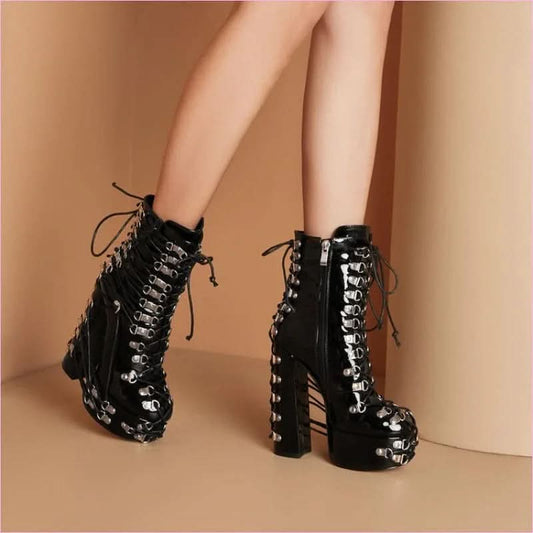 Ladies Multi Buckle Studded Platform Punk Boots Patent Lace - Pleasures and Sins