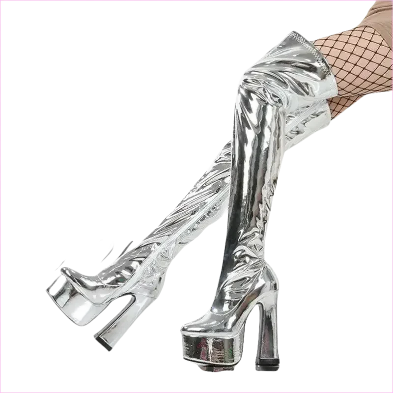 Ladies Patent Thigh Boots with 15cm Heel Drag Boots - Pleasures and Sins