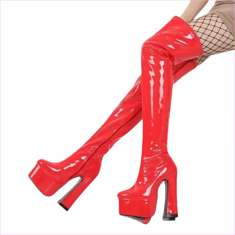 Ladies Patent Thigh Boots with 15cm Heel Drag Boots - Pleasures and Sins