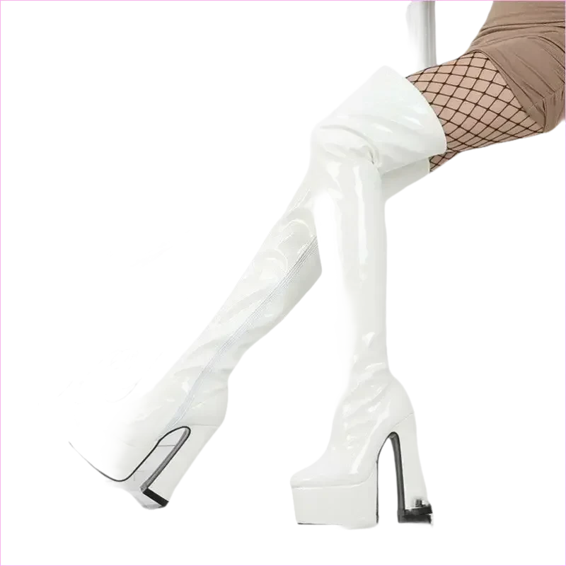Ladies Patent Thigh Boots with 15cm Heel Drag Boots - Pleasures and Sins