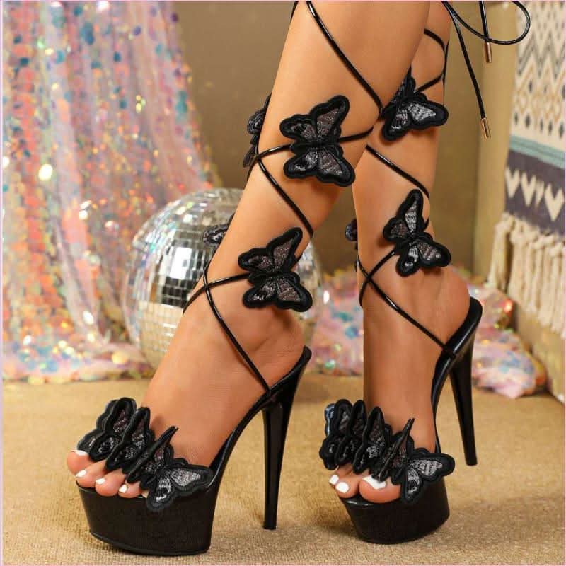 Ladies Platform High Heels with Lace-up Butterfly Design and Sky-high Platform - Pleasures and Sins