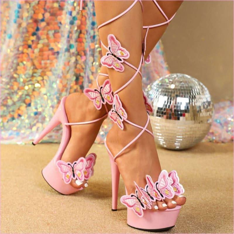 Ladies Platform High Heels with Lace-up Butterfly Design and Sky-high Platform - Pleasures and Sins