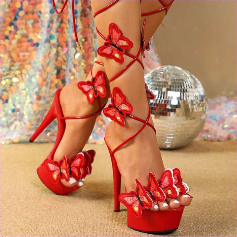 Ladies Platform High Heels with Lace-up Butterfly Design and Sky-high Platform - Pleasures and Sins