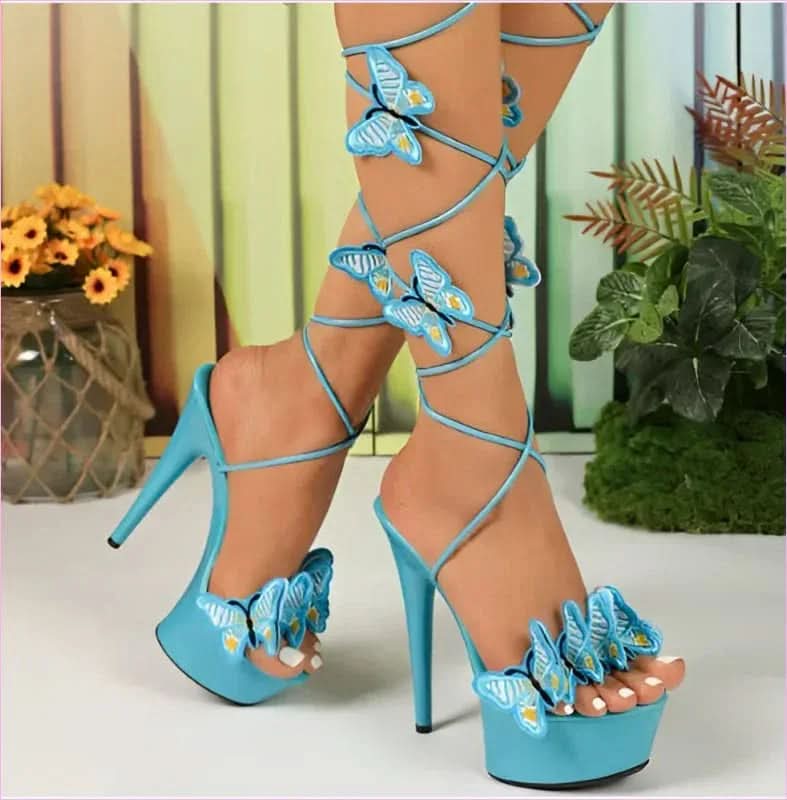 Ladies Platform High Heels with Lace-up Butterfly Design and Sky-high Platform - Pleasures and Sins