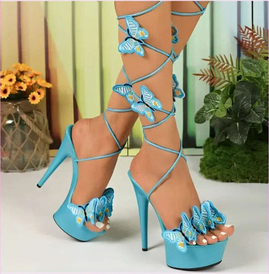 Ladies Platform High Heels with Lace-up Butterfly Design and Sky-high Platform - Pleasures and Sins