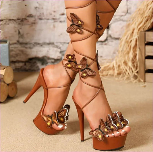 Ladies Platform High Heels with Lace-up Butterfly Design and Sky-high Platform - Pleasures and Sins
