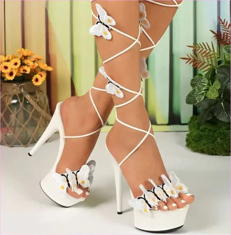 Ladies Platform High Heels with Lace-up Butterfly Design and Sky-high Platform - Pleasures and Sins