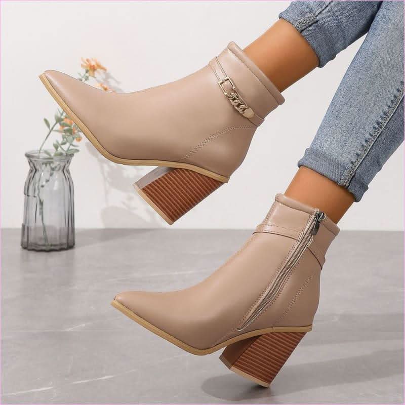 Ladies Pointed Toe Chunky Heel Boots with Zip Detail - Pleasures and Sins