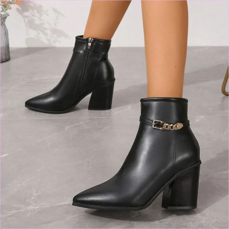 Ladies Pointed Toe Chunky Heel Boots with Zip Detail - Pleasures and Sins