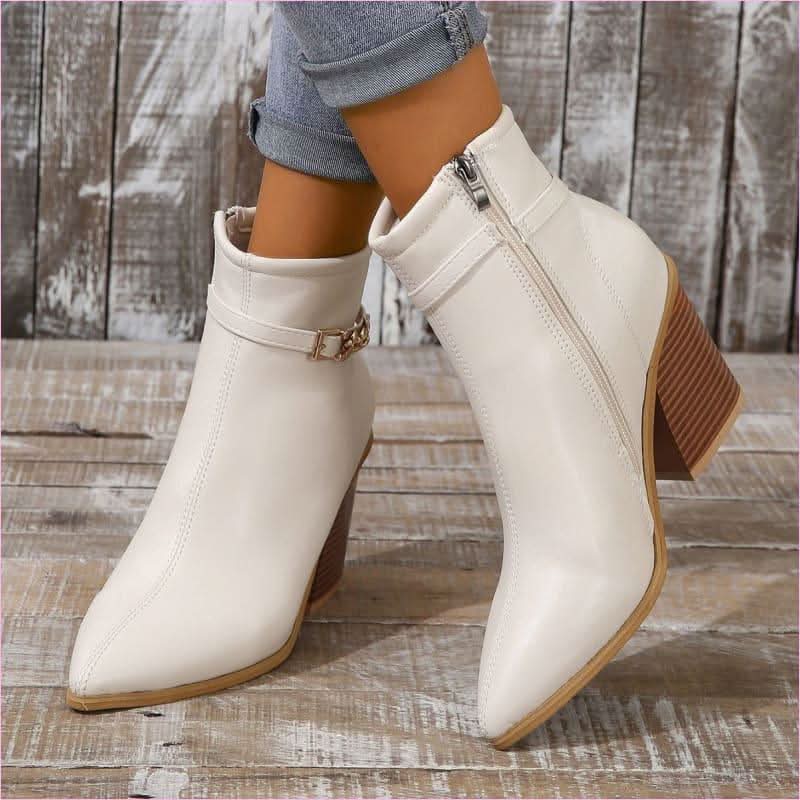 Ladies Pointed Toe Chunky Heel Boots with Zip Detail - Pleasures and Sins