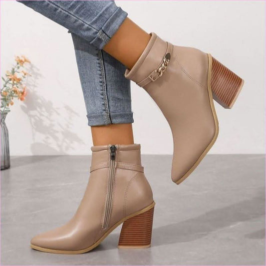 Ladies Pointed Toe Chunky Heel Boots with Zip Detail - Pleasures and Sins