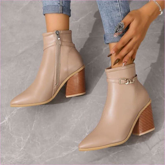 Ladies Pointed Toe Chunky Heel Boots with Zip Detail - Pleasures and Sins