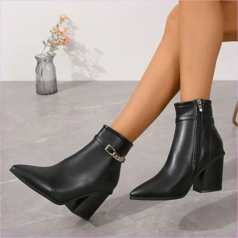 Ladies Pointed Toe Chunky Heel Boots with Zip Detail - Pleasures and Sins