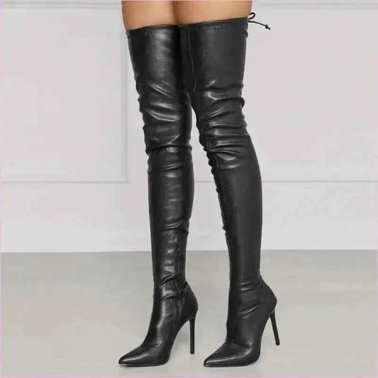 Ladies Pointed Toe High Stiletto Heel Thigh High Boots - Pleasures and Sins