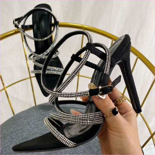 Ladies Pointed Toe Rhinestone Strappy Stiletto Sandals for Chic Style - Pleasures and Sins