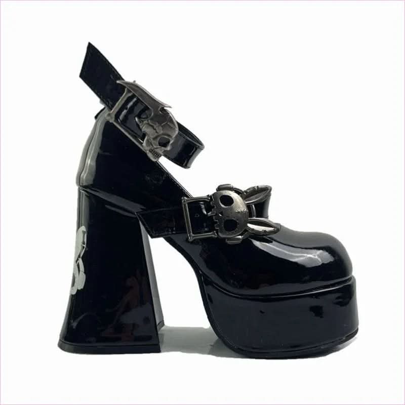 Ladies Rabbit and Skull Buckle Luxury Chunky High Heel Mary Jane Shoes - Pleasures and Sins