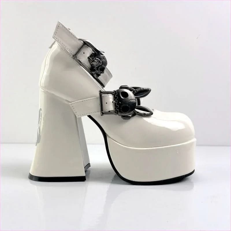 Ladies Rabbit and Skull Buckle Luxury Chunky High Heel Mary Jane Shoes - Pleasures and Sins