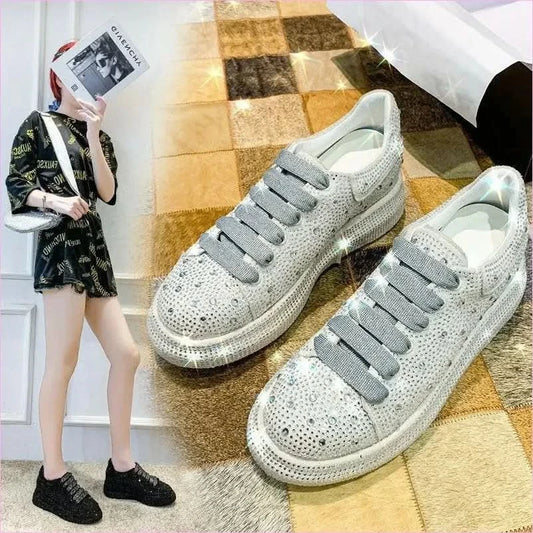 Ladies Rhinestone Bling Thick Sole Lace Up Leisure Shoes - Pleasures and Sins