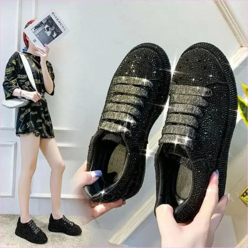 Ladies Rhinestone Bling Thick Sole Lace Up Leisure Shoes - Pleasures and Sins
