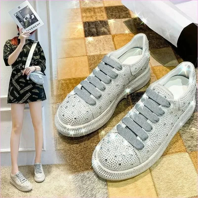 Ladies Rhinestone Bling Thick Sole Lace Up Leisure Shoes - Pleasures and Sins