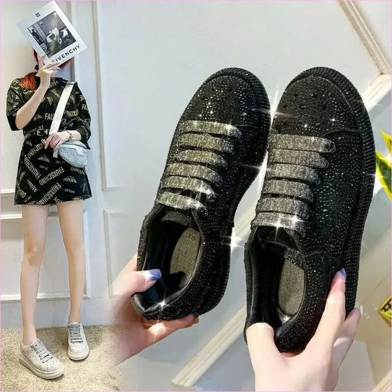 Ladies Rhinestone Bling Thick Sole Lace Up Leisure Shoes - Pleasures and Sins