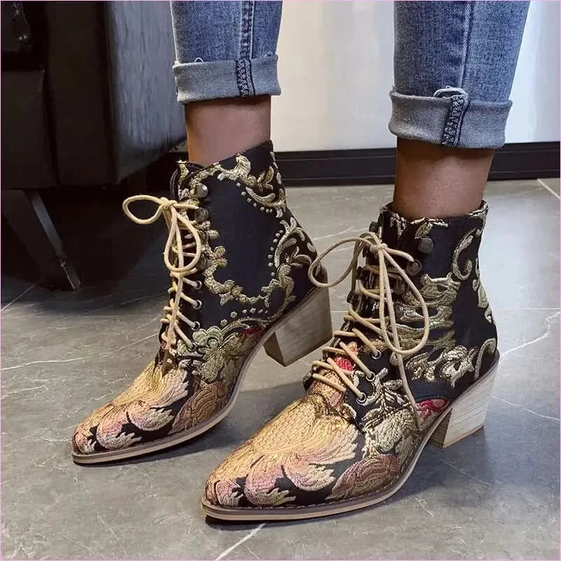 Ladies Satin Embroidered High Heel Pointed Ankle Boots - Pleasures and Sins