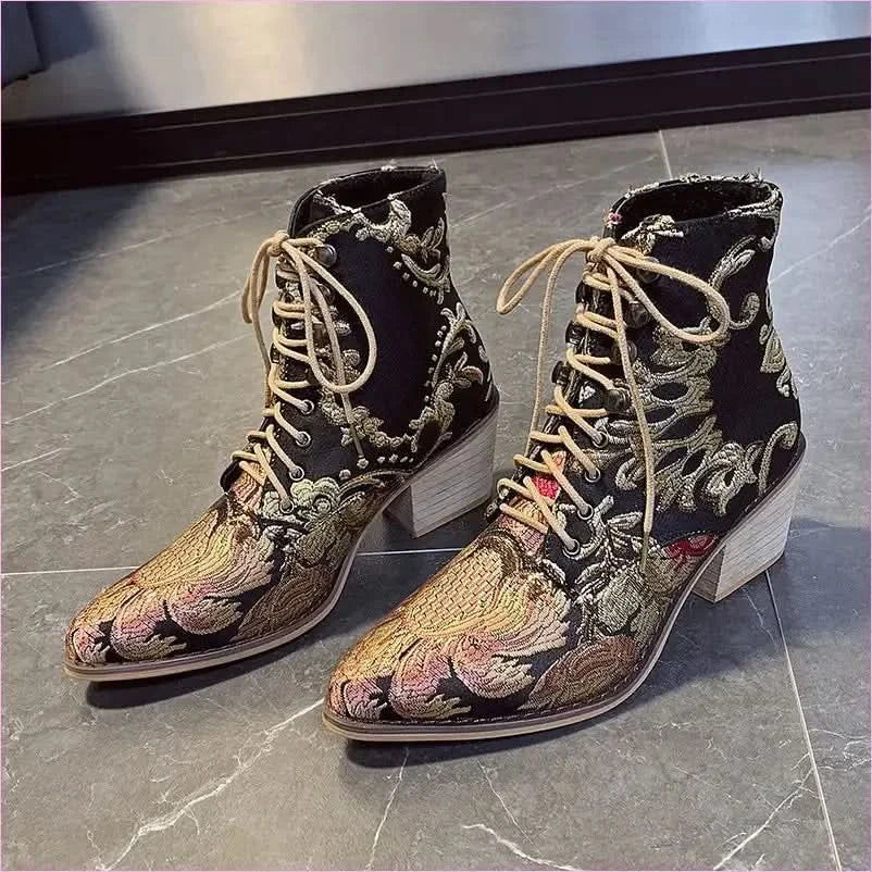 Ladies Satin Embroidered High Heel Pointed Ankle Boots - Pleasures and Sins