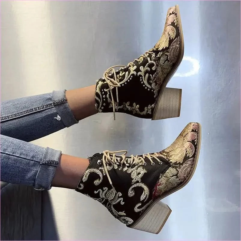 Ladies Satin Embroidered High Heel Pointed Ankle Boots - Pleasures and Sins