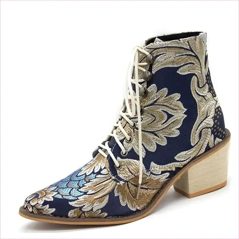 Ladies Satin Embroidered High Heel Pointed Ankle Boots - Pleasures and Sins