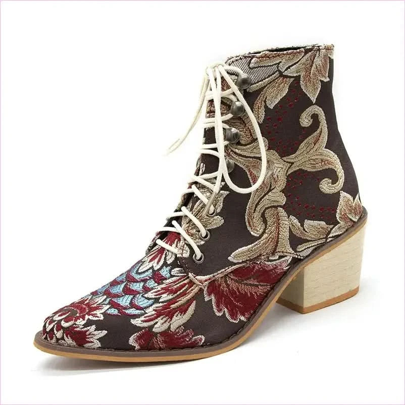 Ladies Satin Embroidered High Heel Pointed Ankle Boots - Pleasures and Sins