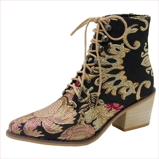 Ladies Satin Embroidered High Heel Pointed Ankle Boots - Pleasures and Sins