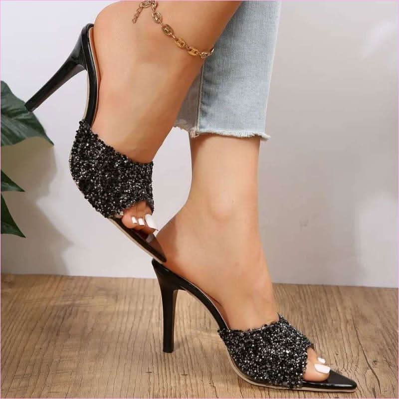 Ladies Sequin Pointed Open Toe Heel Backless Sandals - Pleasures and Sins