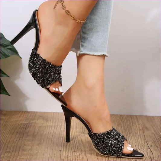 Ladies Sequin Pointed Open Toe Heel Backless Sandals - Pleasures and Sins