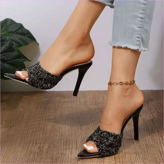 Ladies Sequin Pointed Open Toe Heel Backless Sandals - Pleasures and Sins