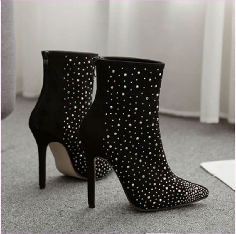 Ladies Suede Rhinestone Pointed Toe Short Boots for Stylish Elegance - Pleasures and Sins