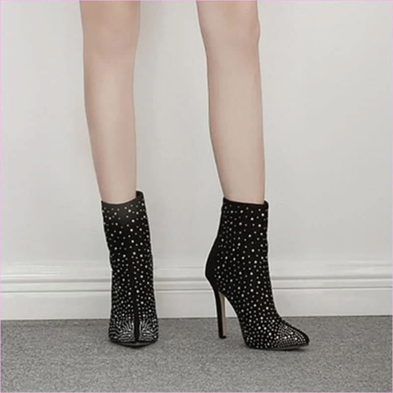 Ladies Suede Rhinestone Pointed Toe Short Boots for Stylish Elegance - Pleasures and Sins