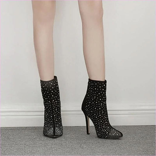 Ladies Suede Rhinestone Pointed Toe Short Boots for Stylish Elegance - Pleasures and Sins