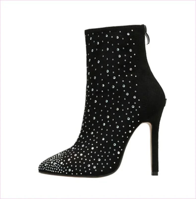 Ladies Suede Rhinestone Pointed Toe Short Boots for Stylish Elegance - Pleasures and Sins