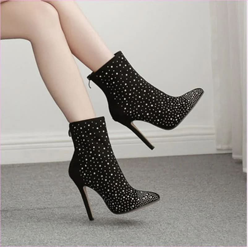 Ladies Suede Rhinestone Pointed Toe Short Boots for Stylish Elegance - Pleasures and Sins