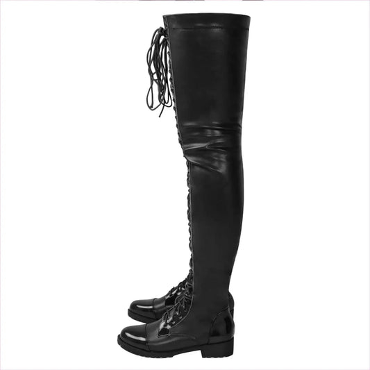 Ladies Thigh Length Lace Up Low Heel Boots - Pleasures and Sins