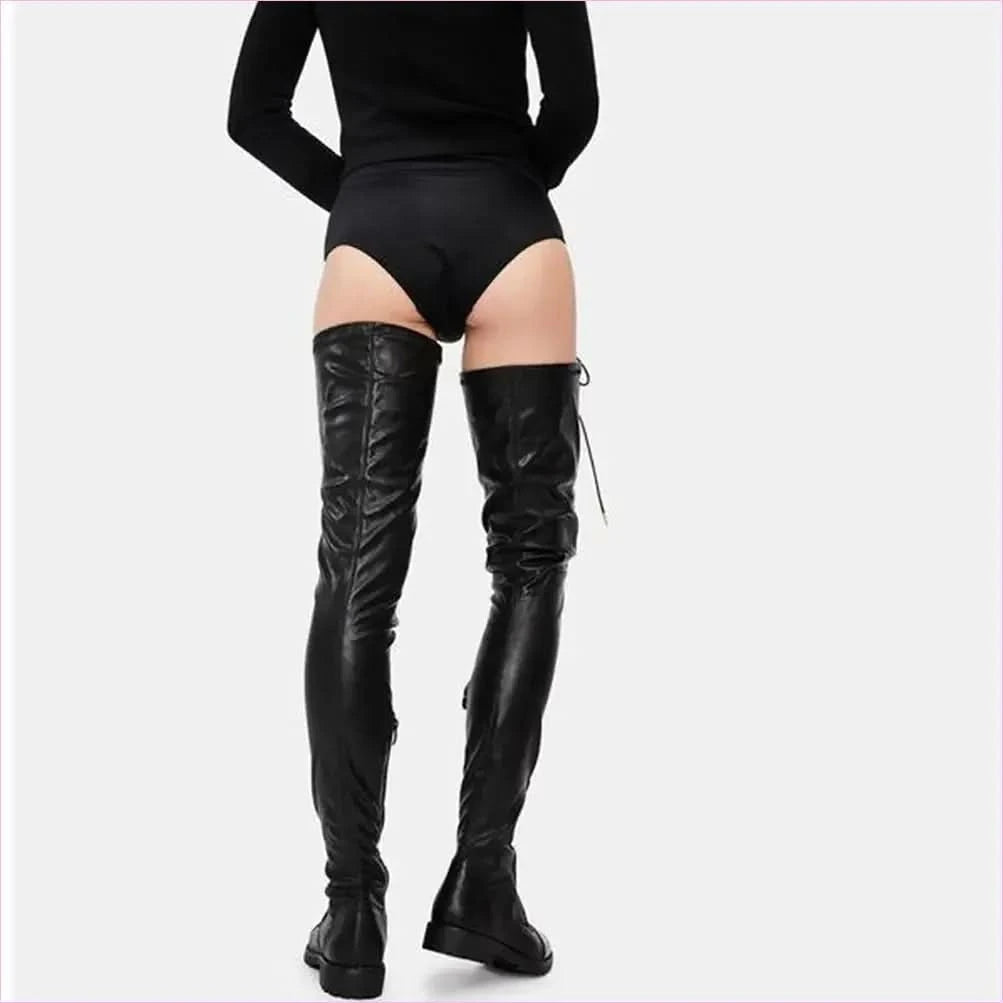 Ladies Thigh Length Lace Up Low Heel Boots - Pleasures and Sins